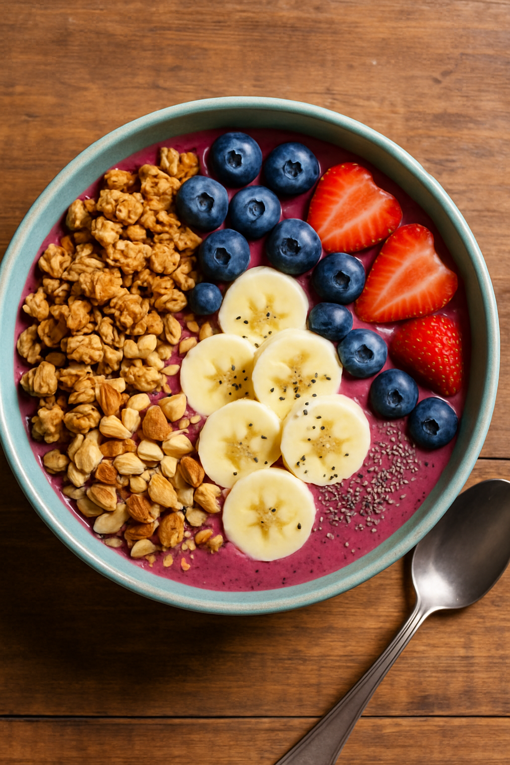 Nutty Berry Smoothie Bowl Recipe A colorful nutty berry smoothie bowl topped with granola, nuts, and fresh fruit on a wooden table.