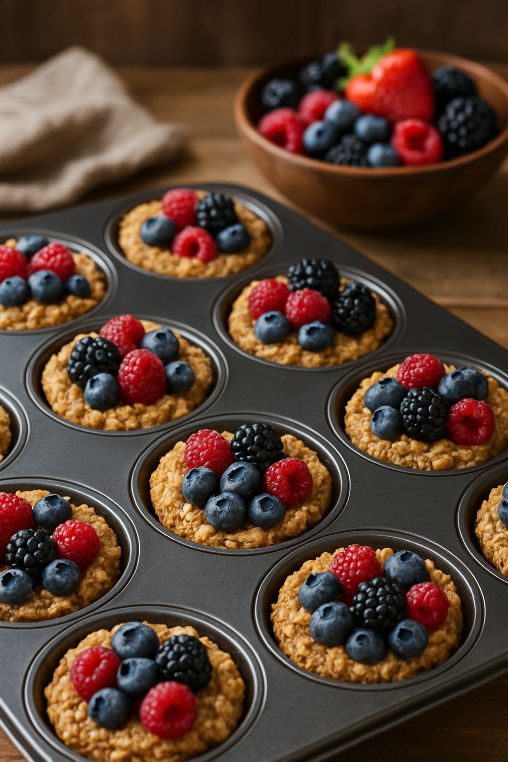 Healthy Baked Oatmeal Cups Recipe A tray of healthy baked oatmeal cups topped with berries, set on a rustic kitchen table.