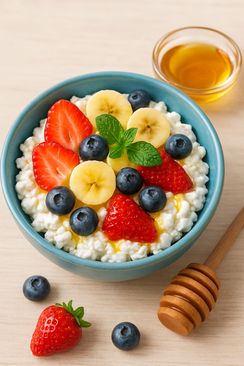 Cottage Cheese and Fresh Fruit Bowl Recipe A bowl of cottage cheese topped with fresh fruits like strawberries and bananas, garnished with honey and mint.