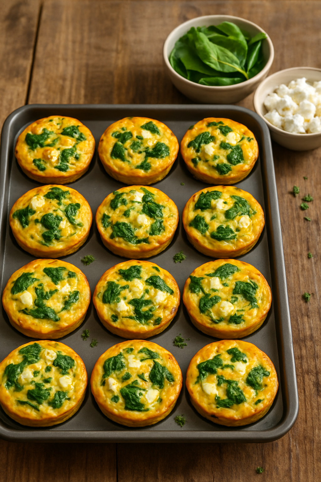 Savory Spinach and Feta Egg Muffins Recipe Savory spinach and feta egg muffins on a wooden tray, garnished with herbs.