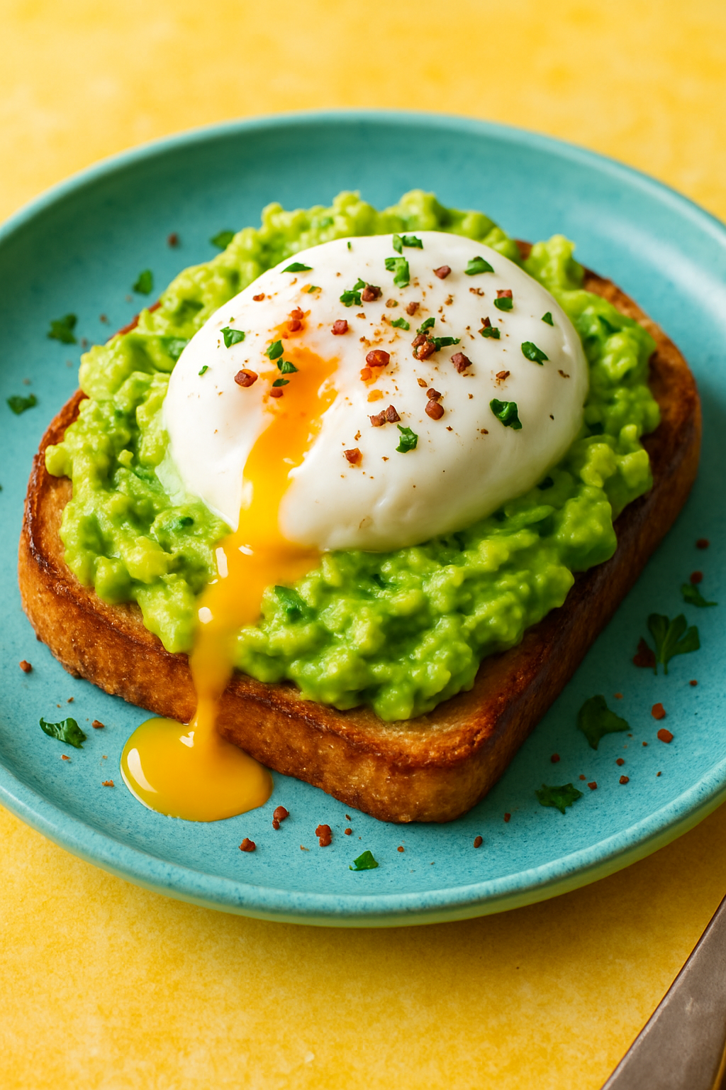 Avocado Toast with Poached Egg Recipe Avocado toast with poached egg, garnished with red pepper flakes and herbs on a plate.
