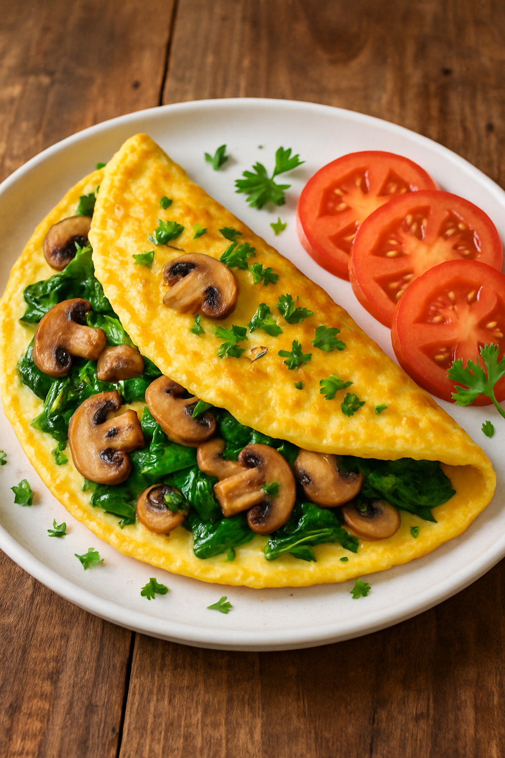 A golden spinach and mushroom omelet garnished with herbs, served with sliced tomatoes on a rustic table.