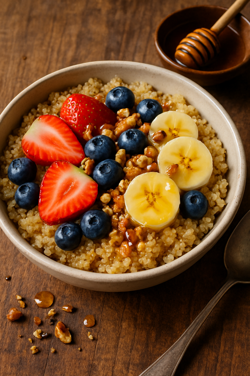 Nutritious Warm Breakfast Quinoa Bowls Warm quinoa breakfast bowl with fresh fruits and nuts on a wooden table.