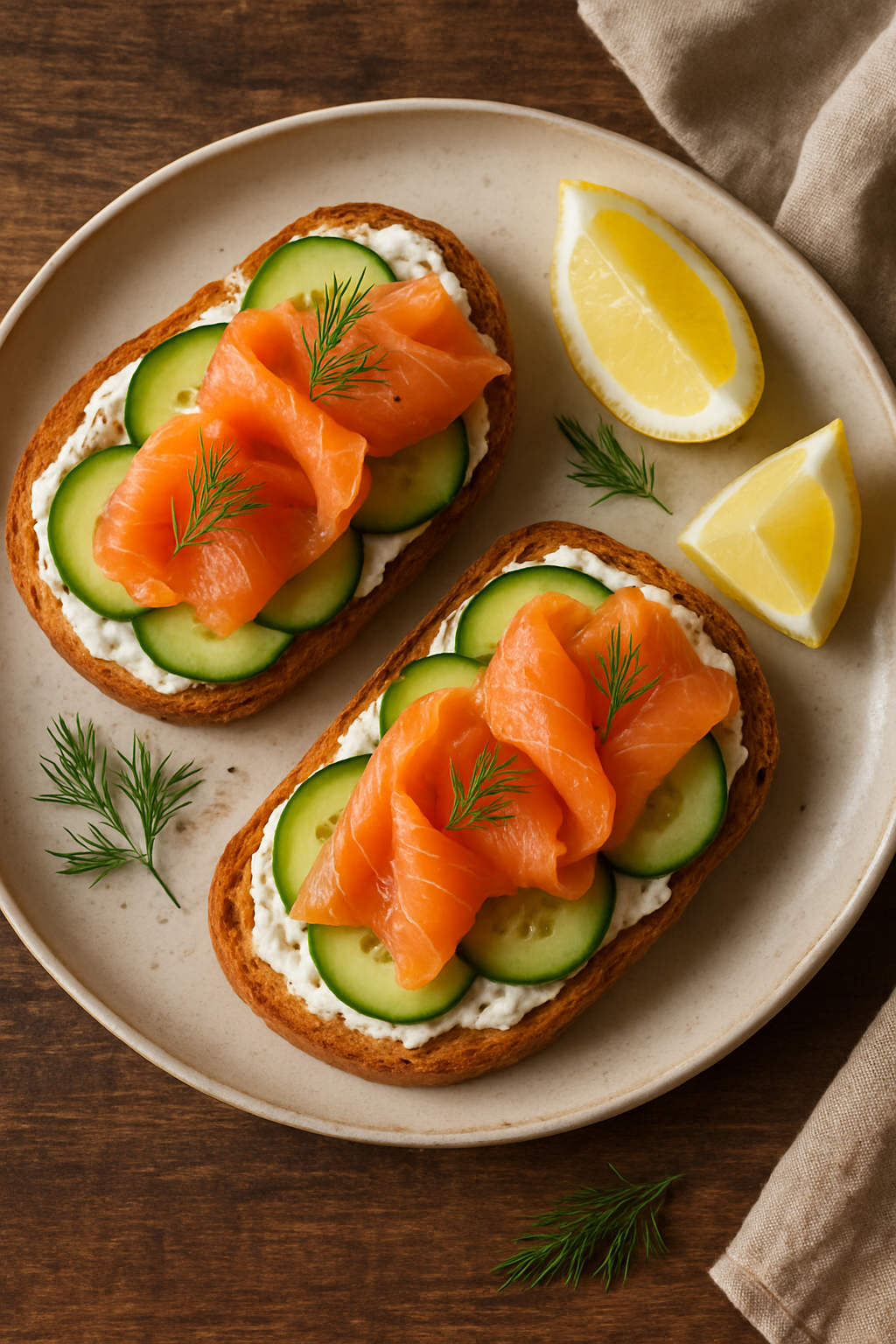 Smoked Salmon and Cucumber Toast Recipe Smoked salmon and cucumber toast on whole grain bread, garnished with dill and lemon, served on a wooden table.