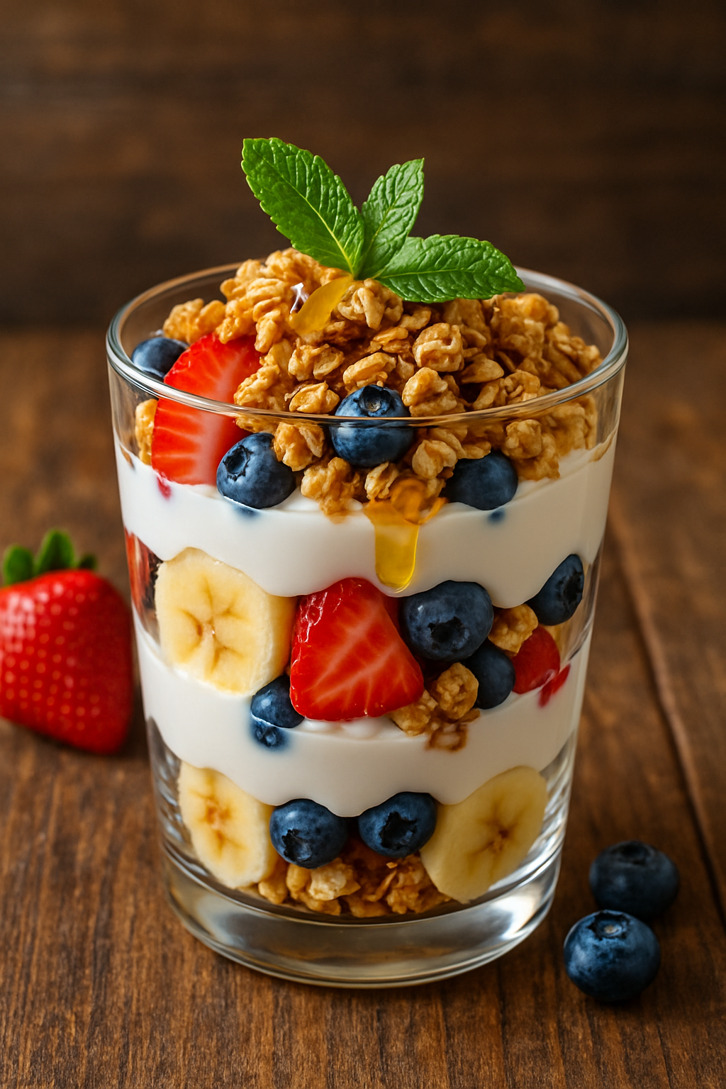 Fresh Greek Yogurt Parfaits A layered Greek yogurt parfait with fruits and granola in a glass, garnished with mint.